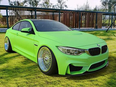 Green BMW M4 Coupe Sports Car Parked on Grass with Wooden Fence Background 3d model