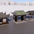 Chinese Style Landscape Pavilions With Traditional Curved Roofs On Paved Plaza And Modern Buildings
