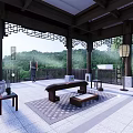 Traditional Chinese Garden Landscape With Waterfall Flowing River Lush Forest Pavilion And Misty Surface