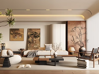 Traditional Chinese Living Room Interior With Landscape Paintings Wooden Screen And Sofa 3d model
