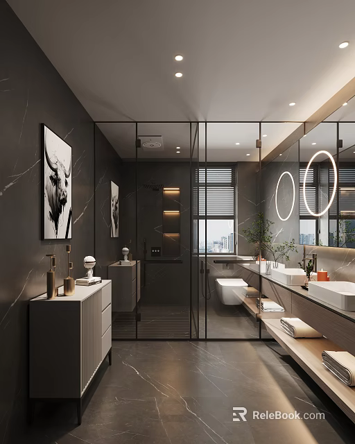 Modern Bathroom With Dark Walls Glass Shower Double Sinks Round Mirrors And Potted Plant By Window 3d model 