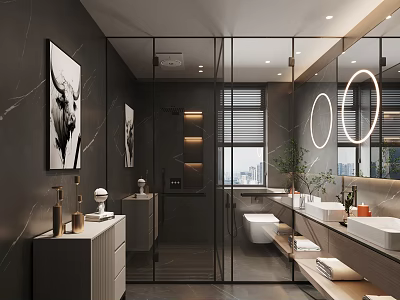 Modern Bathroom With Dark Walls Glass Shower Double Sinks Round Mirrors And Potted Plant By Window 3d model
