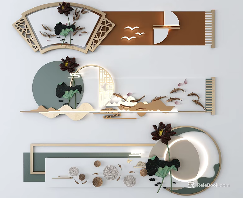 Chinese Style Wall Decor with Lotus Flower Fan Golden Frame Circular Patterns and Fish Motifs 3d model 