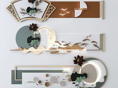 Chinese Style Wall Decor with Lotus Flower Fan Golden Frame Circular Patterns and Fish Motifs 3d model