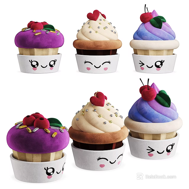 Colorful Decorated Cupcakes With Smiley Face Liners Cherries Sprinkles And Frosting 3d model 