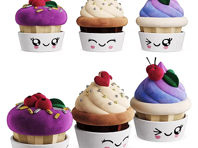 Colorful Decorated Cupcakes With Smiley Face Liners Cherries Sprinkles And Frosting 3d model