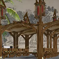 Traditional Wooden Outdoor Canopy Structure With Palm Trees And Benches