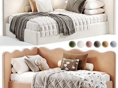 Cozy Kids Bed With Scalloped Headboard Tan Frame Soft Pillows Plush Blanket And Stuffed Toy 3d model