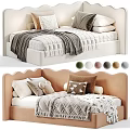 Cozy Kids Bed With Scalloped Headboard Tan Frame Soft Pillows Plush Blanket And Stuffed Toy