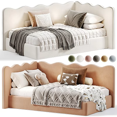 Cozy Kids Bed With Scalloped Headboard Tan Frame Soft Pillows Plush Blanket And Stuffed Toy 3d model