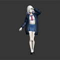 Anime Style 3D Female Character With White Hair Blue Coat Pink Necktie And Blue Skirt