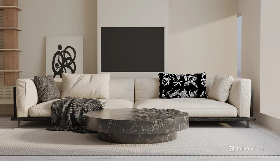 Modern Light Colored Three Seater Sofa With Throw Pillows Blanket And Marble Coffee Table 3d model