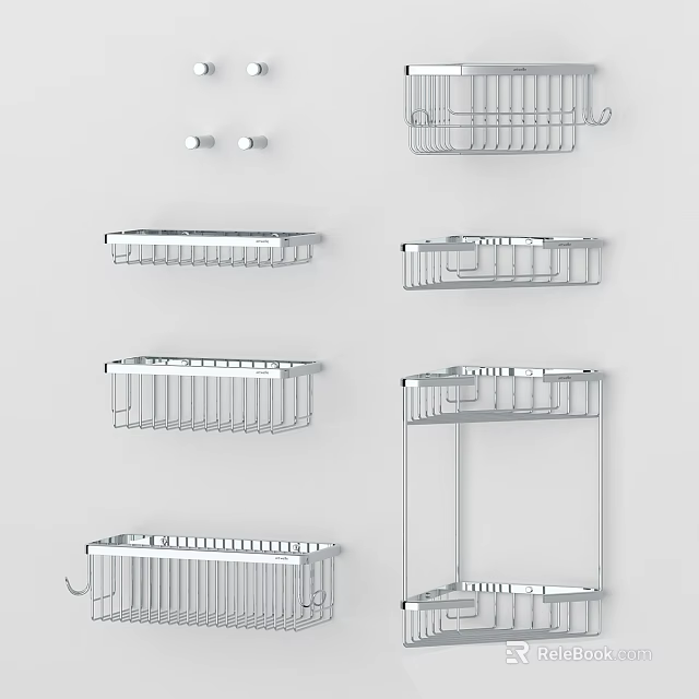 Stainless Steel Bathroom Wall Shelves With Various Designs And Hooks For Storage 3d model 