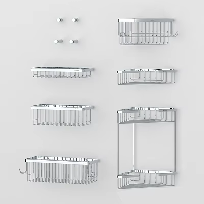 Stainless Steel Bathroom Wall Shelves With Various Designs And Hooks For Storage 3d model