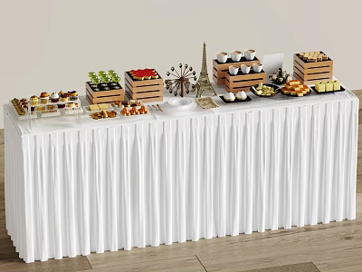 Assorted Desserts Fruits and Cakes on White Tablecloth Long Table with Eiffel Tower Model 3d model