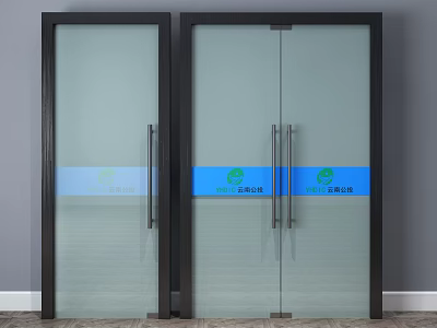 Modern Black Frame Glass Swing Door With Blue Strip And Green Logo 3d model