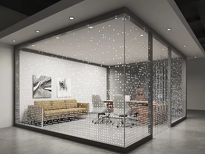 Modern Office Glass Partition With Perforated Design Sofa And Work Desk 3d model