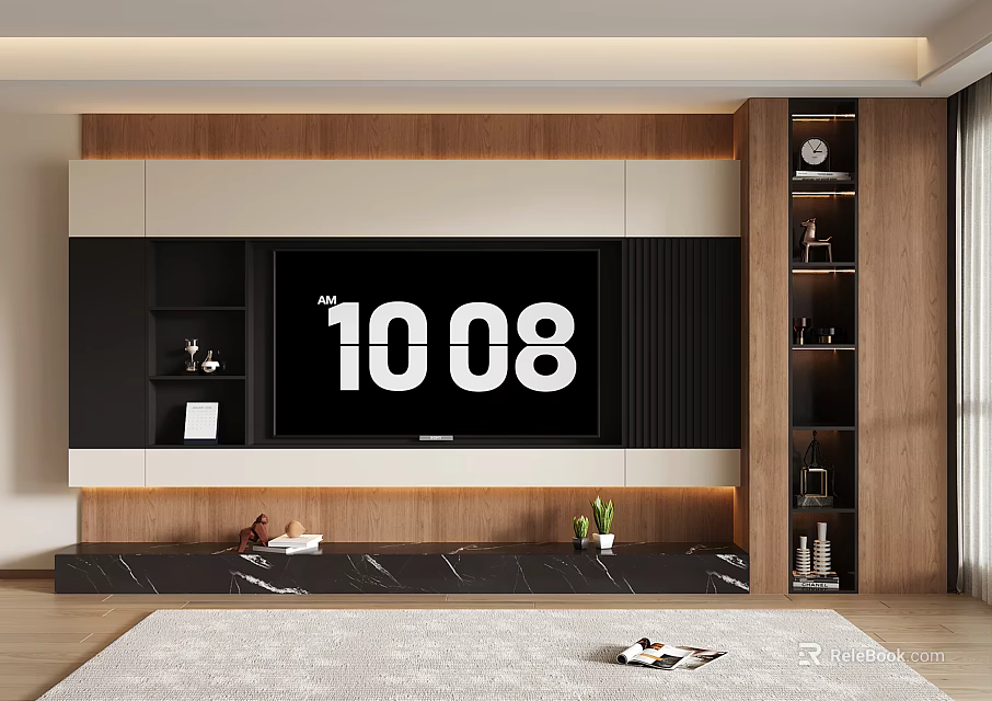 Modern TV Background Cabinet With Wooden Panels Marble Countertop And Decorative Shelves 3d model 