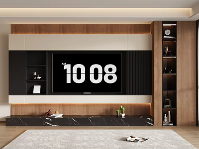 Modern TV Background Cabinet With Wooden Panels Marble Countertop And Decorative Shelves 3d model