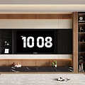 Modern TV Background Cabinet With Wooden Panels Marble Countertop And Decorative Shelves
