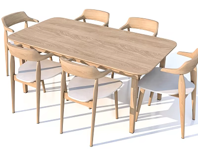 Modern Wooden Rectangular Dining Table Set With Six Chairs And Upholstered Seats 3d model