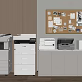Modern Office Workspace With Multiple Printers Filing Cabinets And Wall Mounted Corkboard 3d model