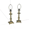 Pair of Brass Table Lamps with Square Bases Decorative Columns and Curved Metal Brackets