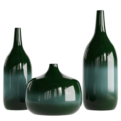 Three Glossy Green Gradient Ceramic Vases In Various Shapes For Home Decor 3d model