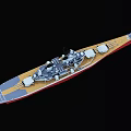 Realistic Battleship Warship Model With Turrets Red Gray Hull And Detailed Deck Features