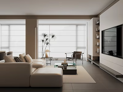 Modern Living Room With Beige Sofa Floor-to-Ceiling Windows Coffee Table Armchair TV Wall And Bookshelves 3d model
