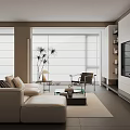 Modern Living Room With Beige Sofa Floor-to-Ceiling Windows Coffee Table Armchair TV Wall And Bookshelves