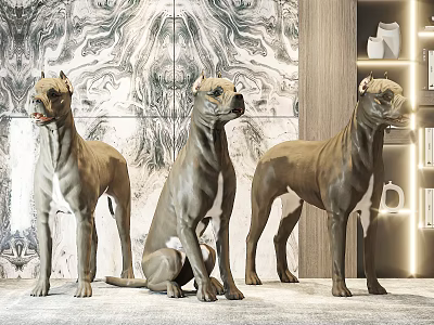 Three Brown Dog Sculptures in Elegant Interior With Marble Wall And Bookshelf 3d model