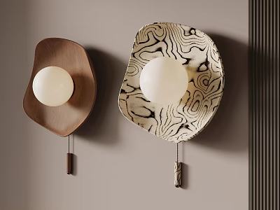 Wooden And Black White Pattern Wall Lamps With Round Bulb Design 3d model