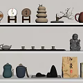 Traditional Tea Sets Collection With Ceramic Teapots Cups And Decorative Display Shelf 3d model