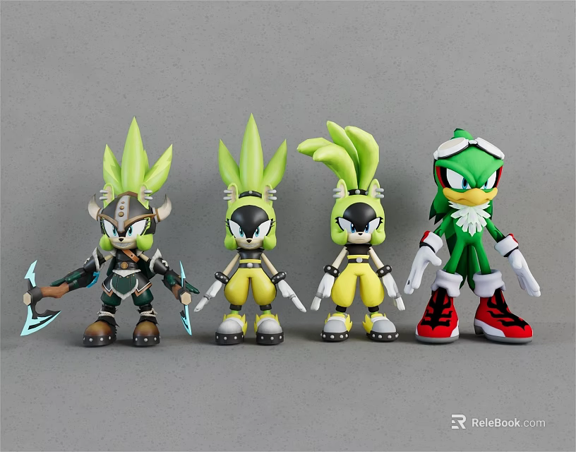 Four Green Haired Action Figures With Various Outfits Armor Details And Red Shoes 3d model 