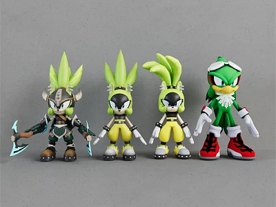 Four Green Haired Action Figures With Various Outfits Armor Details And Red Shoes 3d model