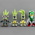 Four Green Haired Action Figures With Various Outfits Armor Details And Red Shoes