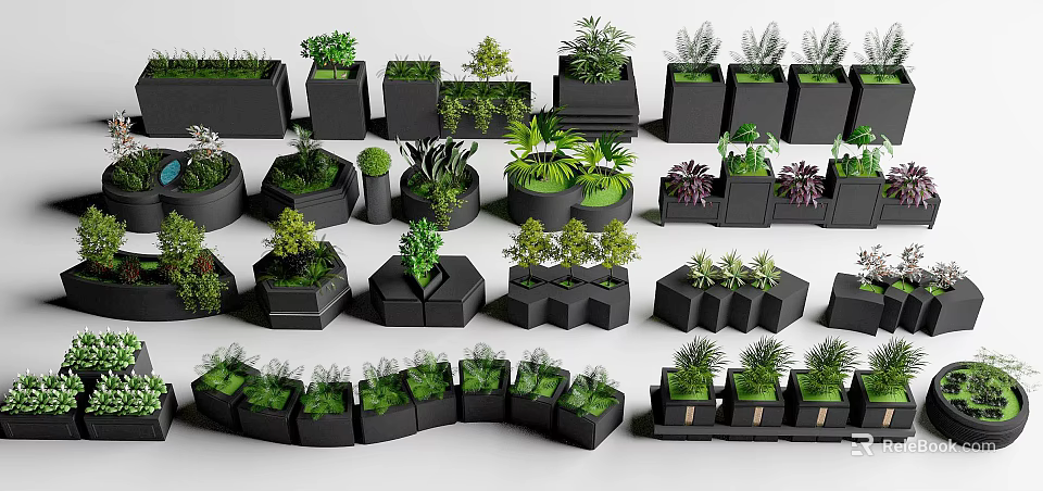 Various Green Plants In Black Planters With Different Geometric Shapes 3d model 