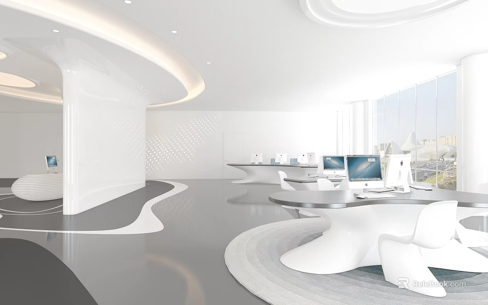 Modern Open Public Office Space With White Curved Design Computers And Large Windows 3d model 