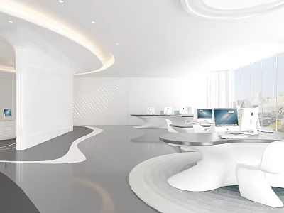 Modern Open Public Office Space With White Curved Design Computers And Large Windows 3d model