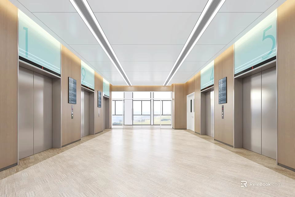 Modern Spacious Elevator Hallway with Silver Elevators Natural Light and Number Signs 3d model 