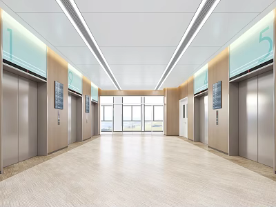 Modern Spacious Elevator Hallway with Silver Elevators Natural Light and Number Signs 3d model