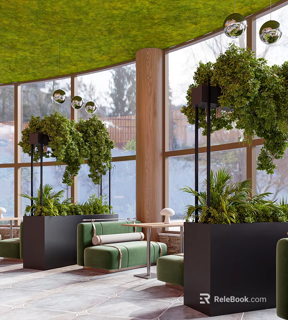 Indoor Green Space Design With Wooden Elements Large Windows Green Sofas And Hanging Lights 3d model 