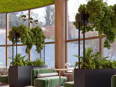 Indoor Green Space Design With Wooden Elements Large Windows Green Sofas And Hanging Lights 3d model