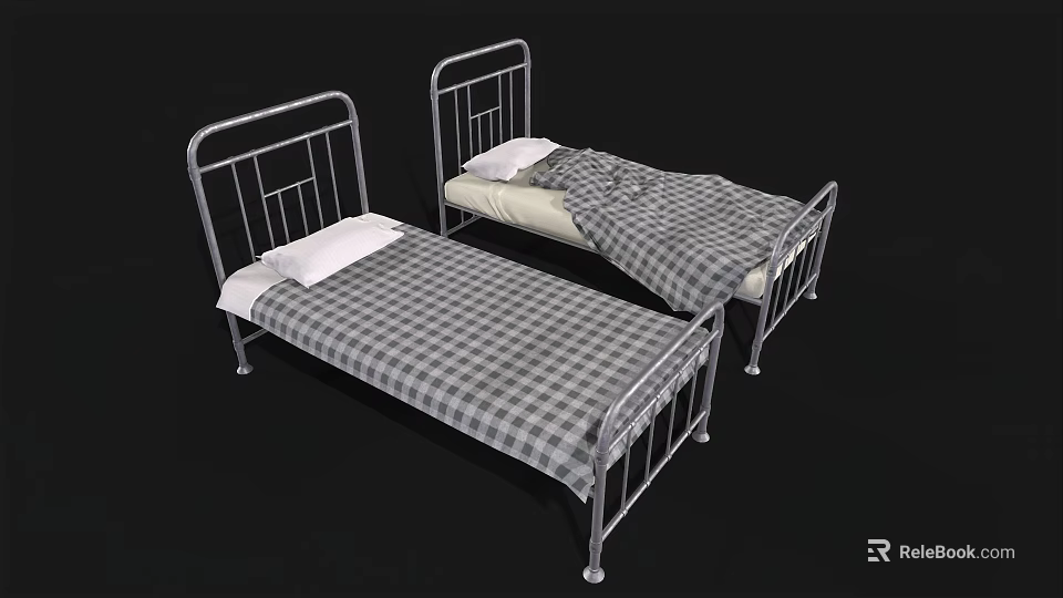 Two Single Beds With Metal Frames Plaid Bedspread And White Pillows 3d model 