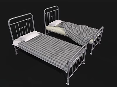 Two Single Beds With Metal Frames Plaid Bedspread And White Pillows 3d model