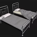 Two Single Beds With Metal Frames Plaid Bedspread And White Pillows 3d model
