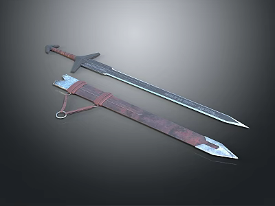 Handcrafted Medieval Steel Sword With Leather Scabbard And Decorative Straps 3d model