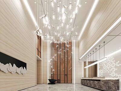 Modern Hotel Lobby Interior With Chandelier Wooden Walls And Marble Reception Desk 3d model