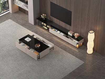 Modern Living Room TV Stand Design With Flat Screen TV Decorative Books And Flower Vase 3d model